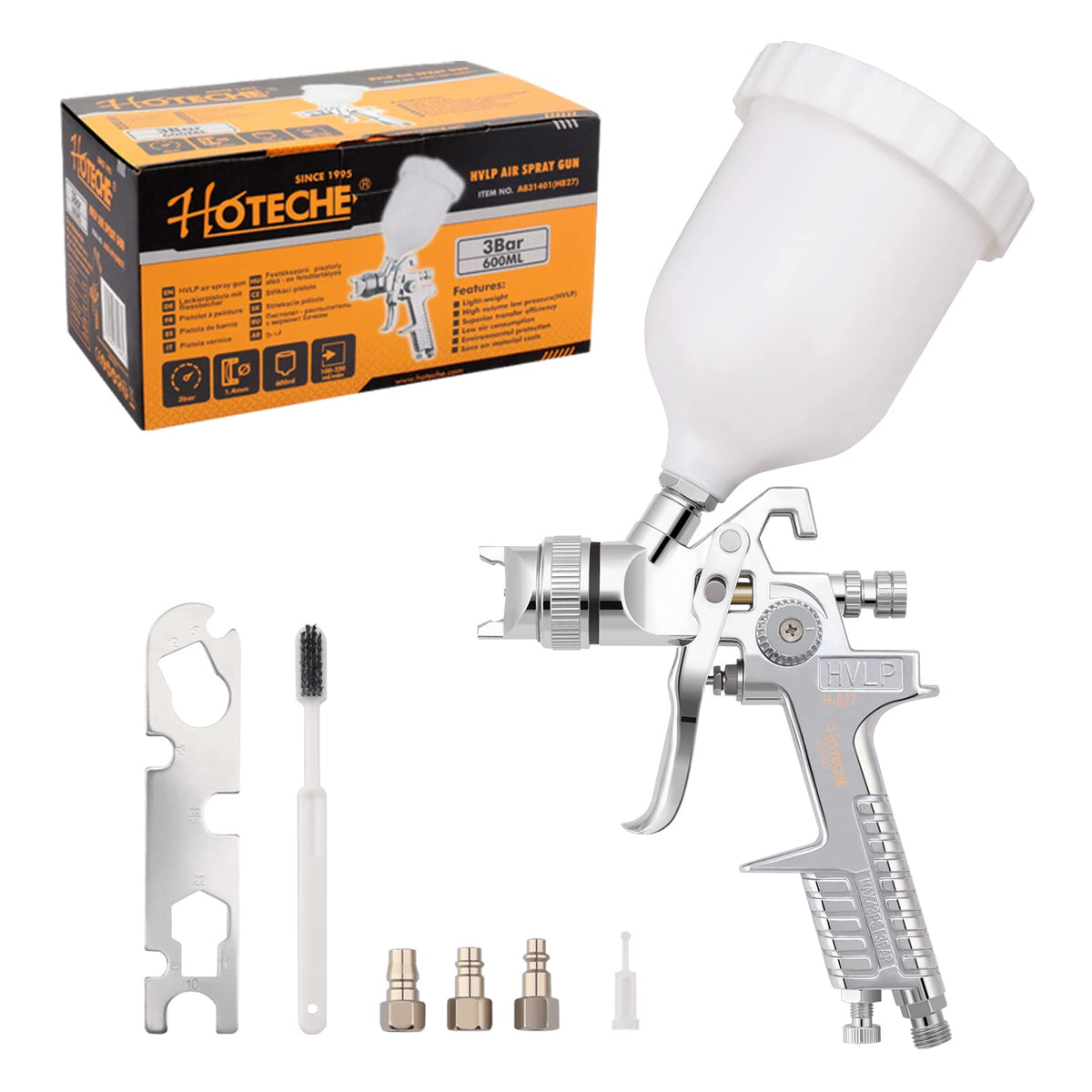Hotorda HVLP Spray Gun with Replaceable 1.4mm 1.7mm 2.0mm Nozzles Needle Cap Automotive Air Paint Sprayer Gun Kit with 600cc Capacity Cup for Car