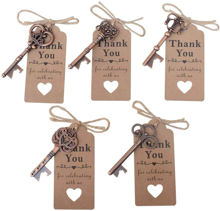 50 Pcs Copper Skeleton Key Beer Bottle Opener With 100 Pcs Thank You Card and 98 Feet Hemp Rope for Wedding Party Favors