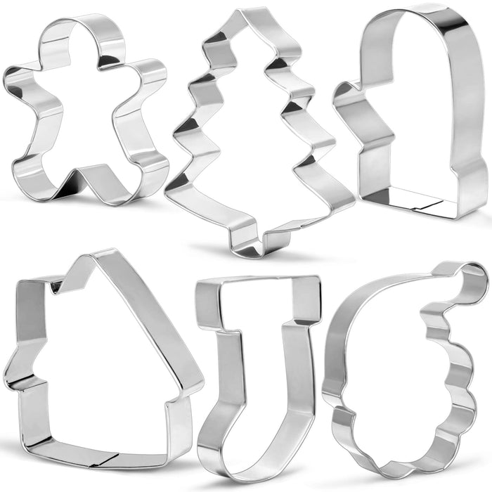 Christmas Cookie Cutters,6 Pcs Large Size Santa Face,Christmas Sock,Glove,Tree,Gingerbread Men,House Shapes Stainless Steel Molds