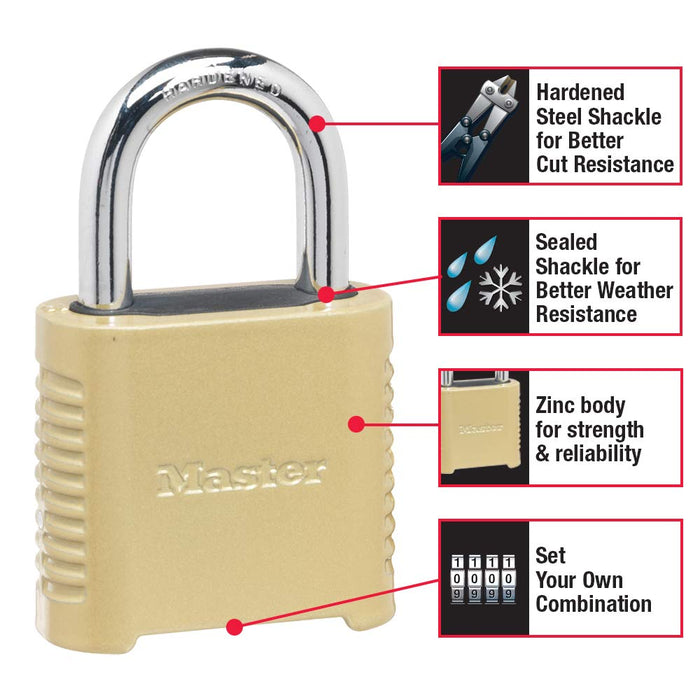 Master Lock Combination Lock, Heavy Duty Weatherproof Padlock, Resettable  For Outdoor Use, M175XDLF, Brass Finish