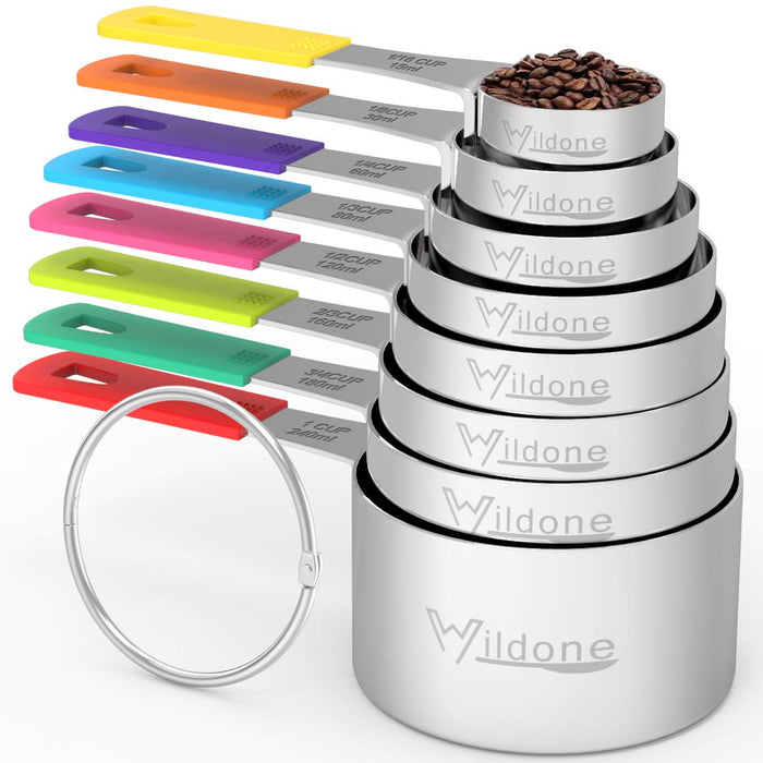 Measuring Cups and Magnetic Measuring Spoons Set, Wildone Stainless Steel 7  Measuring Cups, 8 Double Sided Stackable Magnetic Measuring Spoons, 1