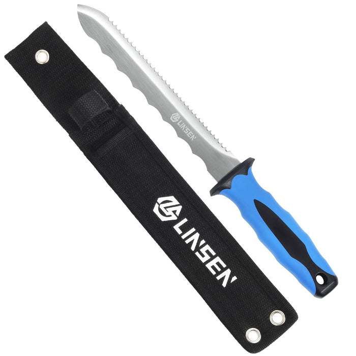 Linsen-Outdoor Stainless Steel Garden Knife with 7.8" Blade and New Bule Handle, Double Side Utility Sod Cutter Lawn Repair Garden Knife with Nylon Sheath