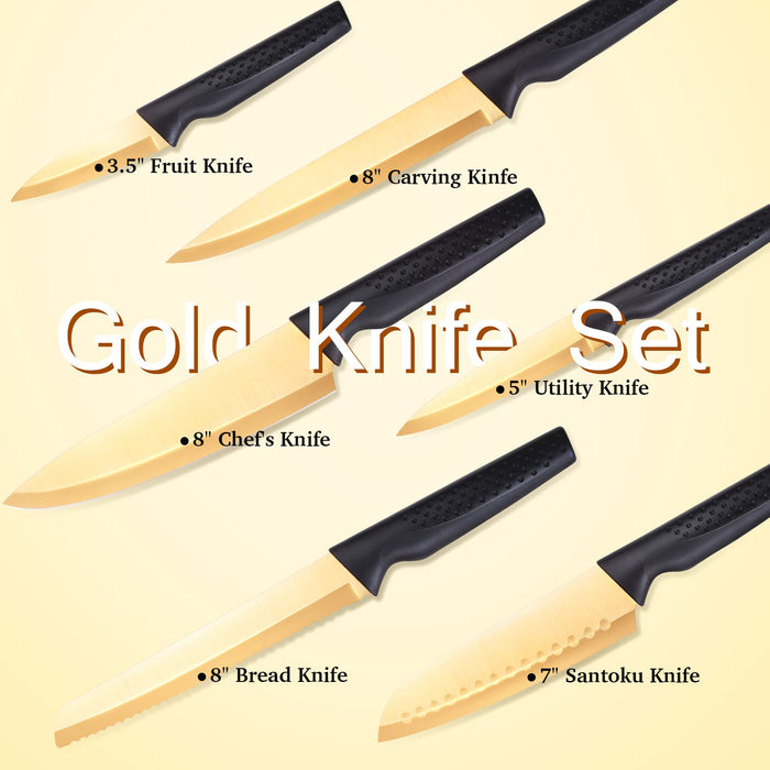 FASAKA Knives Set for Kitchen, Chef Knife Set, Kitchen Knife Sets, 6Pcs Titanium Coated Golden High Carbon Steel Made Kitchen Knives & 6Pcs Knife Sheaths with  Box, House Warming