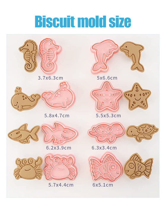 Marine Life Cookie Cutter Set, 8 Pcs Plastic Cartoon Biscuit Cutter Stampers Emboss, 3D Cartoon Fun Biscuits Mould Set