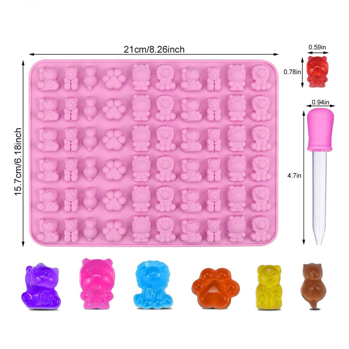 4 Pack Gummy Bear Candy Molds Silicone 60 Cavity Chocolate Gummy Molds with 2 Droppers Bear Lion Dog Cat Hippopotamus Dog Claw Minni 6 Animals Shape Silicone Molds for Baking Ice Cube