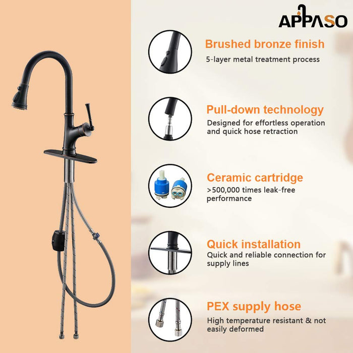 APPASO Kitchen Faucet with Pull Down Sprayer, Oil Rubbed Bronze Single-Handle High Arc Single Hole Pull Out Kitchen Sink Faucets with Escutcheon