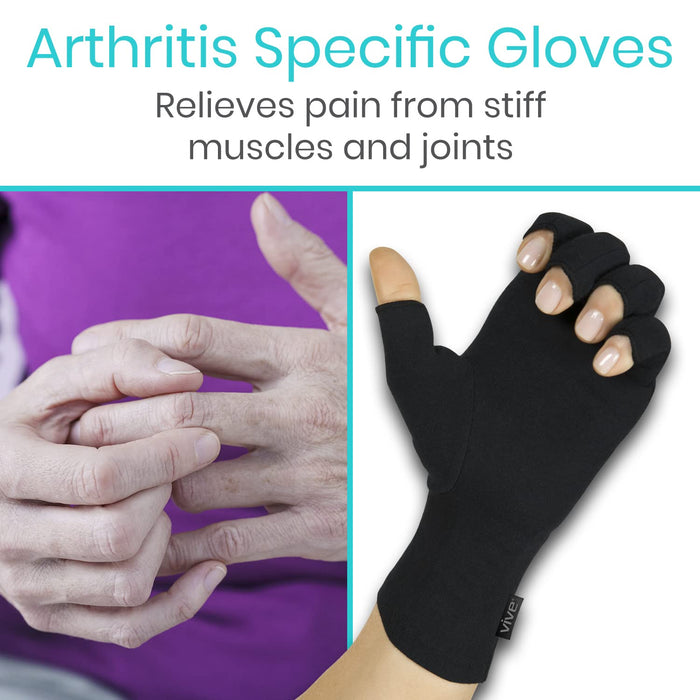 Vive Rheumatoid Arthritis Gloves - Men and Women Fingerless Compression Wrap for Hand Pain and Osteoarthritis - Black Hand Wrap for Arthritic Joint Symptom Relief - Open Finger Fit