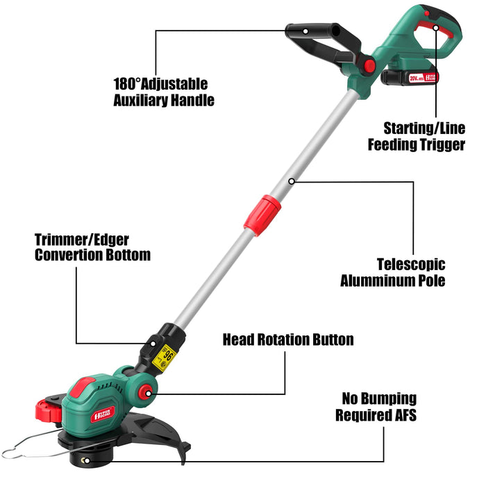 20V Grass Trimmer / Battery Weed Eater, HYPERECHO Auto-Feed Lines Cordless Grass Trimmer with 10 inch Cutting Diameter, Handle and Height Adjustable Weed Eater, 2.0Ah Battery and Fast Charger