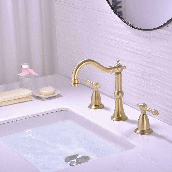 TRUSTMI 2 Handle 8 Inch Brass Bathroom Sink Faucet 3 Hole Widespread with  Valve and cUPC Water Supply Hoses, with Overflow Pop Up Drain Assembly,  Brushed Gold 