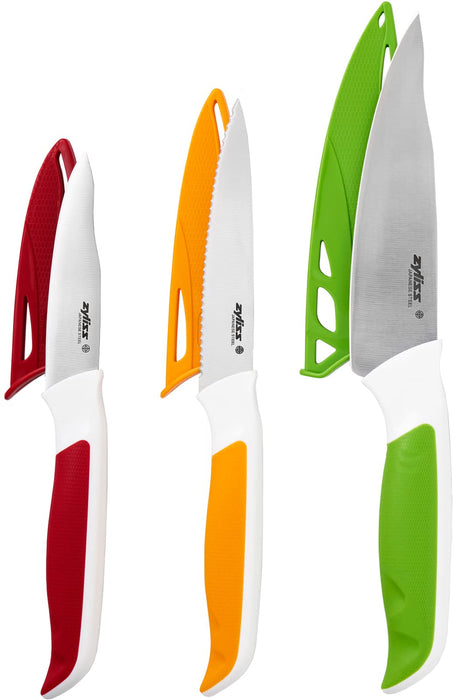 Zyliss E920240 Comfort 3 Piece Knife Set | Multiple Sizes | Japanese Stainless Steel | Multicolour | 3 x Kitchen Knives With Protection Covers | Dishwasher Safe | 5 Year