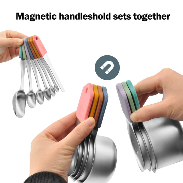 EDELIN Magnetic Measuring Cups and Spoons Set, Stainless Steel 7 cup and 6 spoon with 1 Leveler (Magnetic 14 set)
