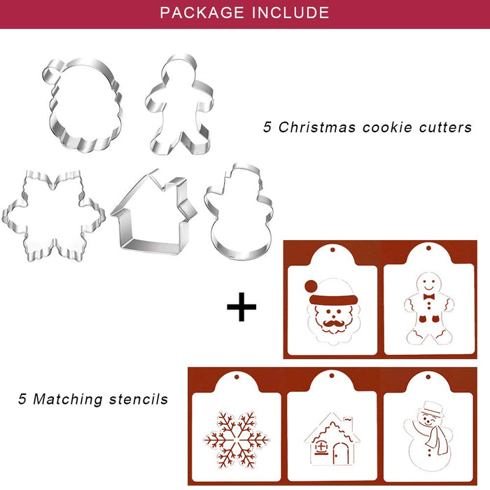 Christmas Cookie Cutters with Matching Cookie Stencils - Set of 10-5Pcs Cookie Cutter and 5Pcs Stencils, Include Snowflake