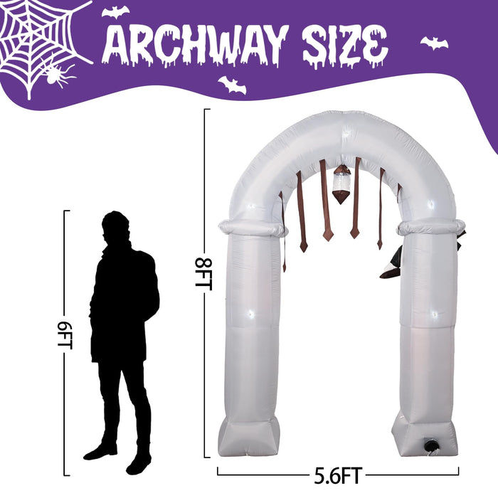 8Ft Tall Halloween Inflatable Cemetery Archway With 7 Led Lights, Halloween Spooky Grim Reaper Arch, Halloween Blow Up Inflatable