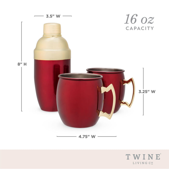 Twine Red Moscow Mule Mug and Cocktail Shaker  Set, Holiday Barware s, Cobbler Shaker, Mule Mugs, Red, Gold, Stainless Steel