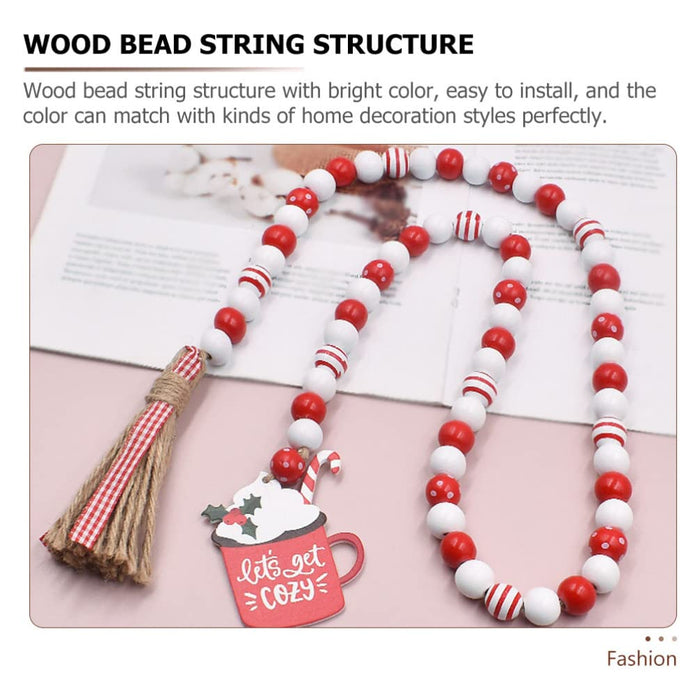 Wood Bead Garland, Xmas Wood Beads Decor Tassels, Natural Bead