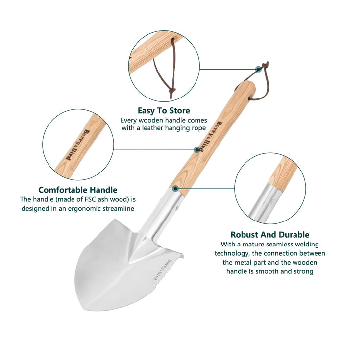 Berry&Bird Short Hand Shovel, 19.8’’ Digging Trowel for Gardening with Wood Handle Stainless Steel Round Point Spade Shovel with Serrated for Cutting, Transplanting & Weeding