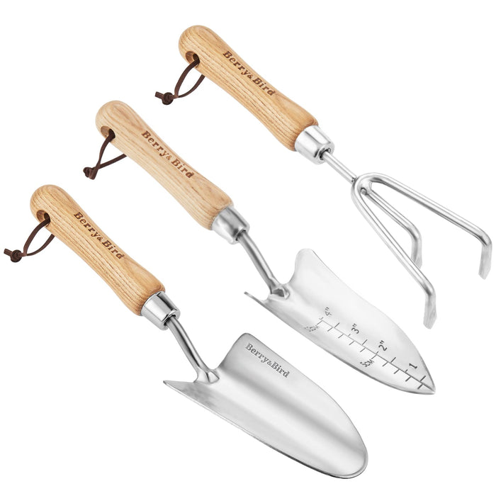 Berry&Bird Garden Tool Set, 3 PCS Stainless Steel Heavy Duty Gardening Tool Kit Includes Hand Trowel, Transplanter and Hand Cultivator with Ash Wood Handle for Transplanting Digging Loosening Soil