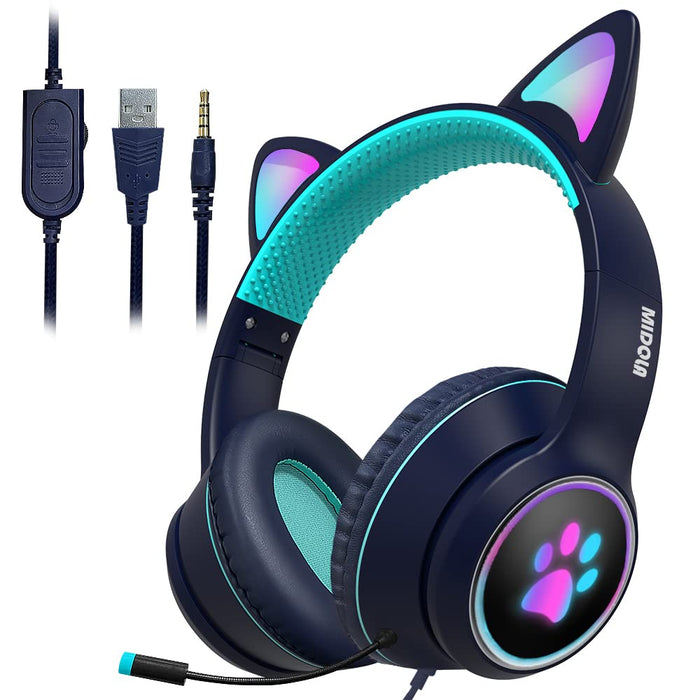 MIDOLA Gaming Wired AUX 3.5mm Cat Ear Headphone Over Ear LED Light Fit Adult & Kids Girl Boy Foldable Stereo Headset Earmuffs with Mic for PC PS4 Game Cellphone Laptop Pad Deep Blue