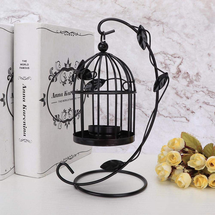 Bird Cage Candlestick Vintage Wrought Iron Candle Holder Retro Hollow Out Hanging Lamp for Home Decor Wedding DecorationBlack