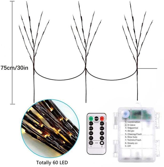 Lxcom Lighting LED Branch Lights 3 Pack 20 LEDs Decorative Branches Battery Operated with Timer Brown Willow Twig Lighted Branches Warm White