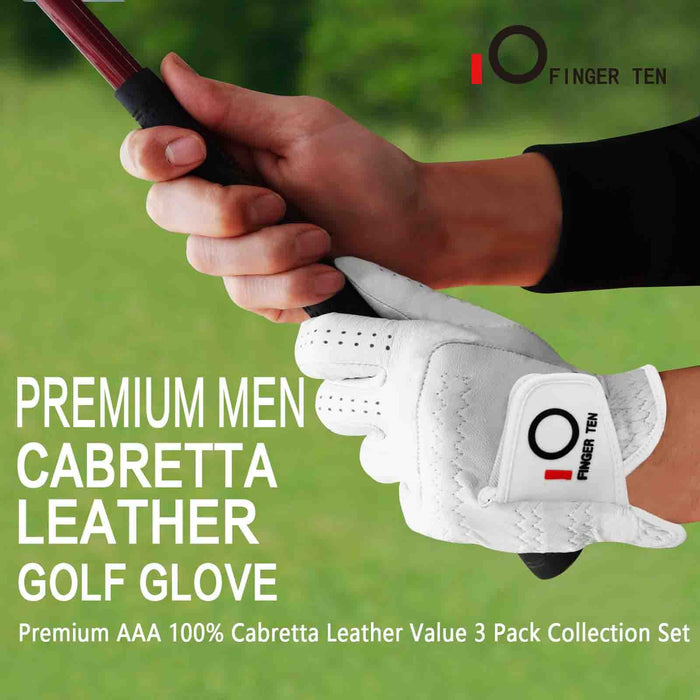FINGER TEN Golf Gloves Men Right Handed Golfer Left Hand 3 Pack Cabretta Leather White Soft All Weather Grip Breathable Lightweight Flexible Glove