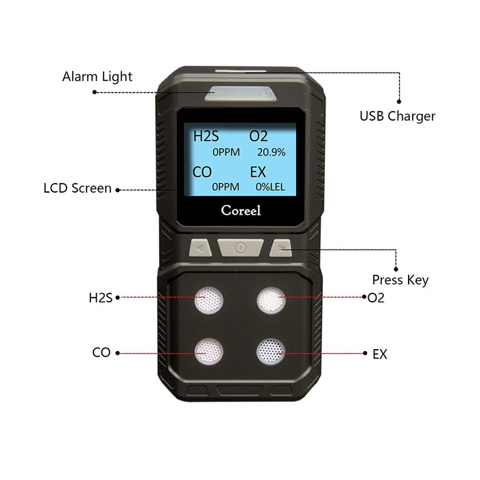 Combustible Gas Leak Detector Portable 4 in 1 Gas Detector Rechargeable  Natural Gas Tester Alarm O2, CO, H2S, LEL Gas Sensor Tester Analyzer LCD