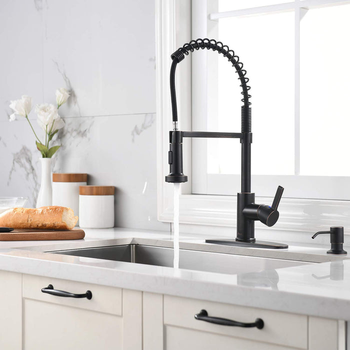 APPASO Commercial Kitchen Faucet with Pull Down Sprayer Oil Rubbed Bronze - High Arc Tall Modern Single Handle Spring Put Out Kitchen Sink Faucet with with Soap Dispenser
