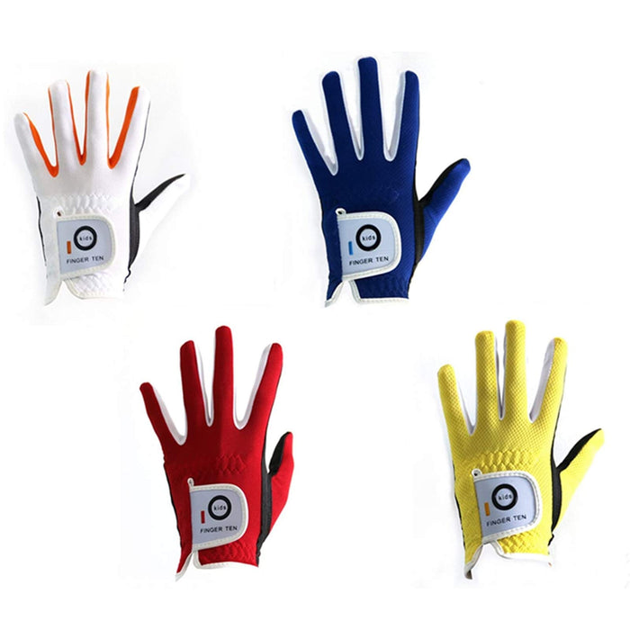 FINGER TEN Golf Gloves Junior Kids Youth Toddler Boys Girls Left Hand Right Hand Dura Feel White Blue Red Yellow Golf Glove Extra Value 2 Pack Age 4-11 Years Old