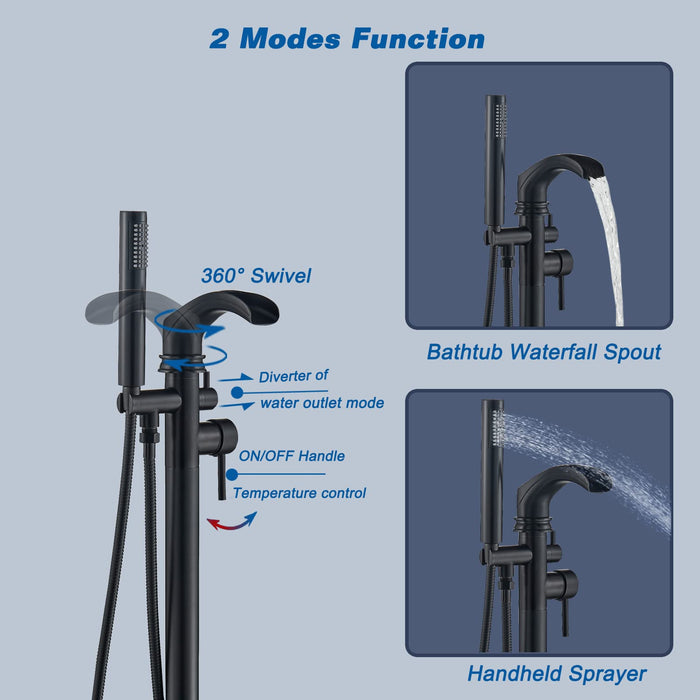Votamuta Modern Floor Mounted Bathtub Faucet Shower System Freestanding Tub Filler Standing Tub Faucet Freestanding Bathtub Faucets Matte Black Dual Functions Waterfall Spout Filler with Hand Shower
