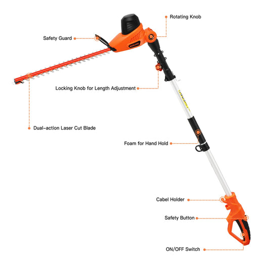 GARCARE 4.8-Amp Corded Hedge Trimmer with 24-Inch Laser Cutting Blade, Blade Cover Included