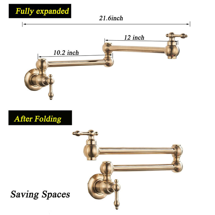 Votamuta Brushed Gold Wall Mounted Single Handle Pot Filler Kitchen Faucet with Double Joint Swing Arm