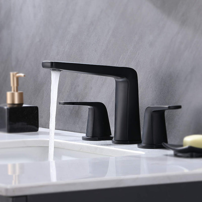 VALISY Modern Solid Brass 2-Handle 3 Hole Widespread Matte Black Bathroom Sink Faucet, Lavatory Vanity Sink Faucets Set Deck Mount with Water Hoses and Pop-up Drain