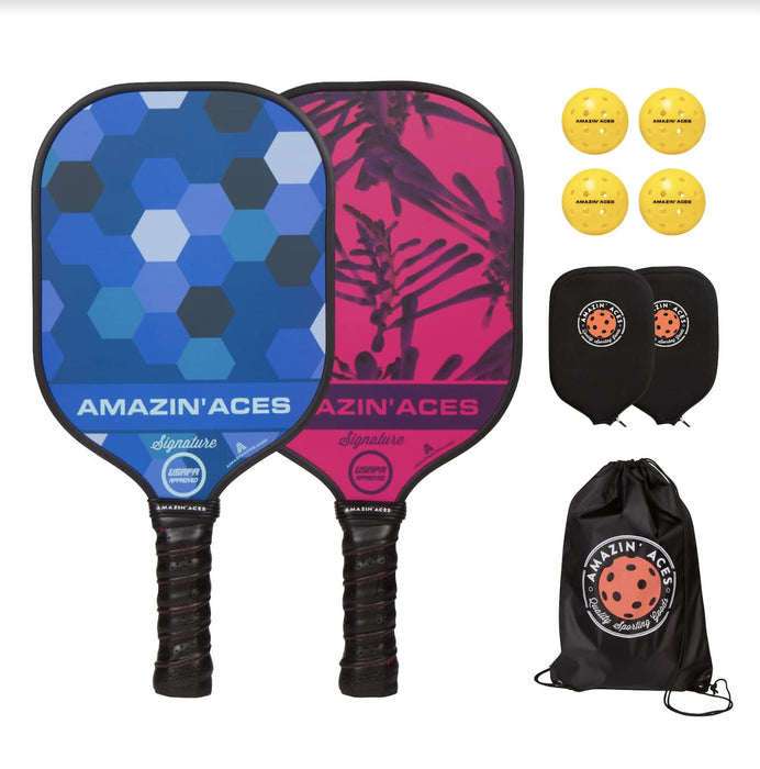 Amazin' Aces Signature Pickleball Paddle Set in Blue and Pink - 2 USAPA-Approved Pickleball Rackets with Graphite Face & Polymer Honeycomb Core, 4 Outdoor Pickleballs, 2 Paddle Covers, & 1 Carry Bag