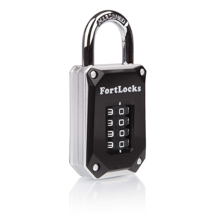 FortLocks Gym Locker Lock - 4 Digit Heavy Duty Hardened Stainless Steel Weatherproof and Outdoor Combination Padlock - Easy to Read Numbers - Resettab