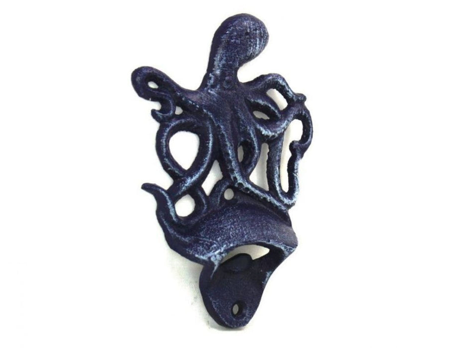 Hampton Nautical Rustic Dark Blue Wall Mounted Octopus Bottle Opener 6"-Vintage Cast Iron Decor-Sea Life