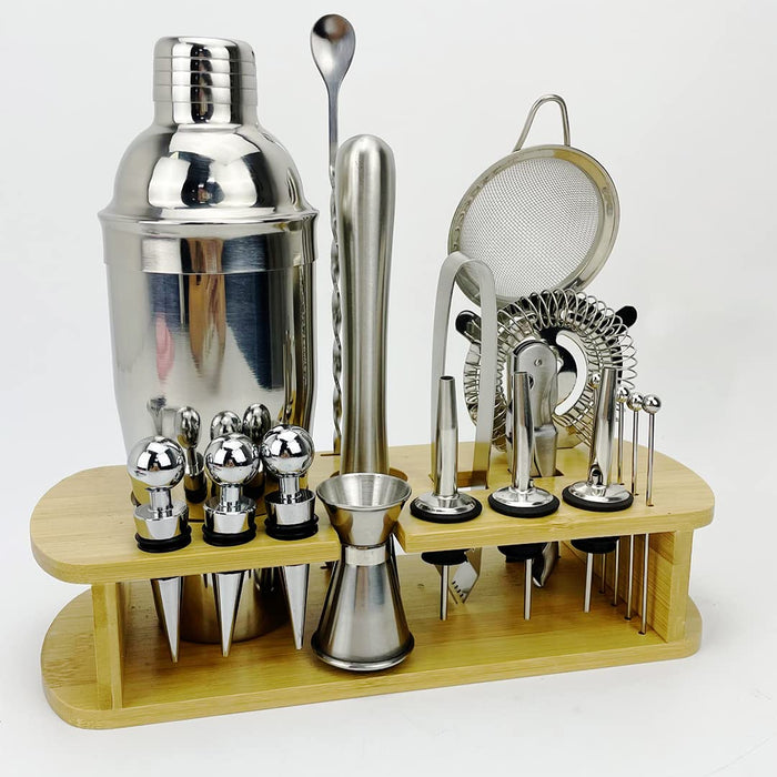 Cocktail Shaker Set Bartenders Kit Bartenders Tools Bar Set Stainless Steel Mixology Drink Mixer Barware Accessories with Bamboo