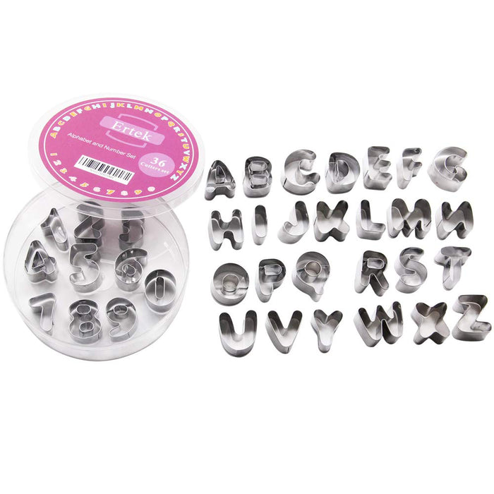 Mini Alphabet and Number Cookie Cutters Set of 36 Pieces Stainless Steel Small Mold Tools for Fondant Biscuit, Cake, Fruit