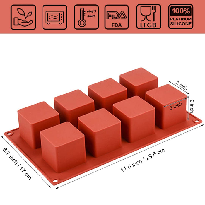 JOERSH 3D Square Silicone Mold | 2" x 2" x 2" Square Mousse Cake Baking Mold Dessert Molds for Cheesecake/Jelly/Brownie/Soap/Candle (8-Cavity)