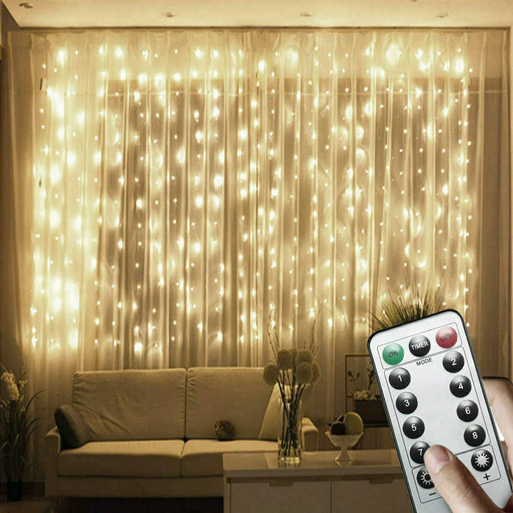 9.8x9.8ft LED Curtain Light, USB or Battery Operated, 8 Mode, Warm