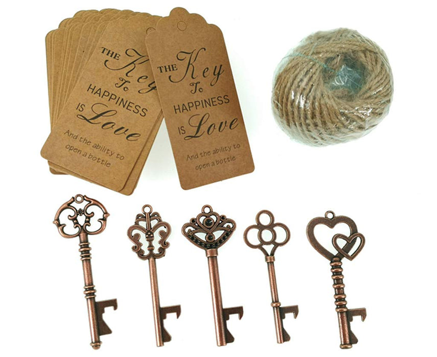 50pcs Skeleton Key Bottle Opener Wedding Party Favor Souvenir  with Escort Tag and Jute Rope (Copper Tone,5 styles)