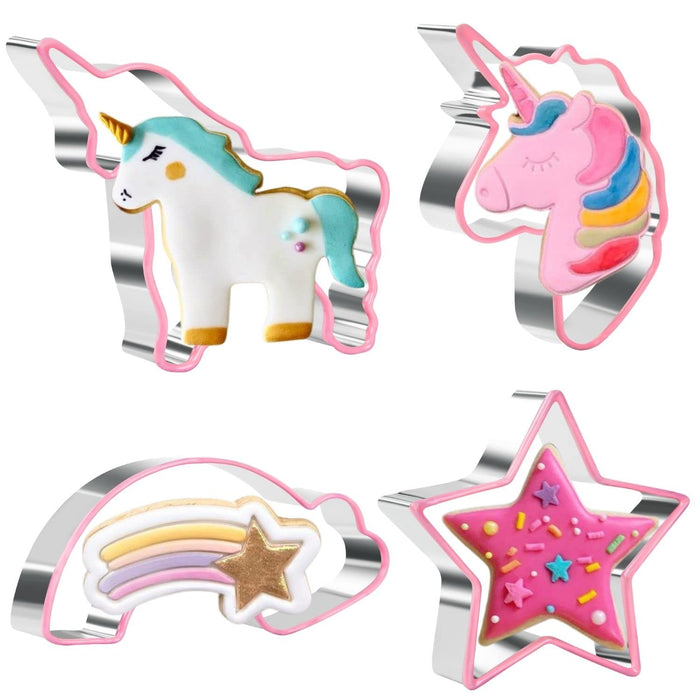 Crethinkaty Unicorn Cookie Cutter Shapes for Kids 4 Pieces Unicorn Theme Cookie Cutters with Soft PVC Edge for Baking