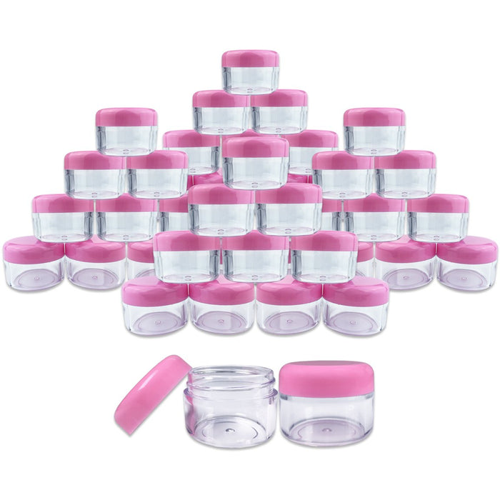 Beauticom 48 Pieces 30 Gram 30 ML (1 Ounce) Round Clear Small Jars with Pink Screw Cap Lid for Lip Gloss, Lip Balm, Hand Butter, Beard Wax, Scrubs, Lotion - BPA Free