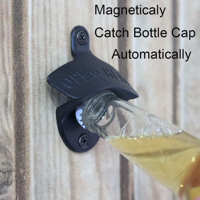 Jumiok Black Magnetic Wall Mount Beer Bottle Opener Screw in Bottle Cap Opener with Magnets Built-in to Catch Bottle Cap