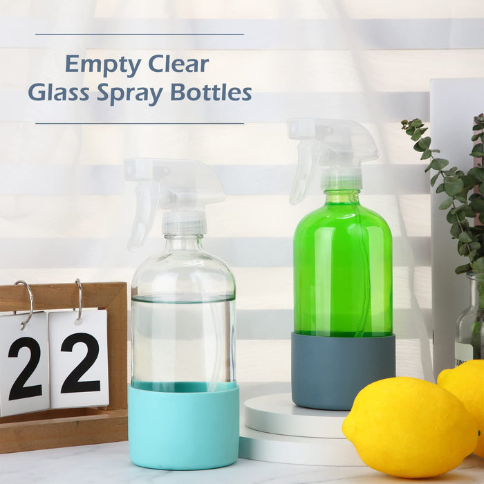 6 Packs Empty Glass Spray Bottles with Silicone, 17 oz Refillable Container Clear Spray Bottles for Cleaning Solutions, Essential Oils, Misting Plants (White, Light Gray, Dark Gray, Mint Green)