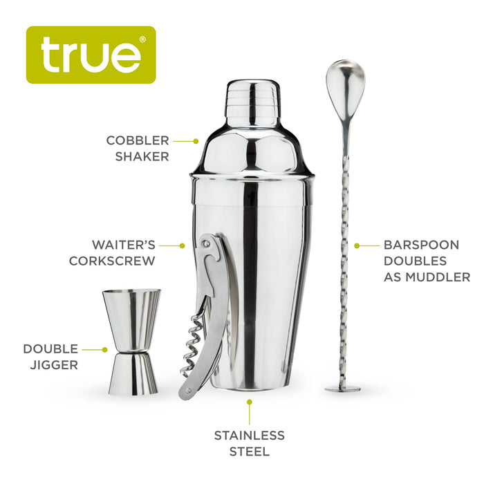 True 4-Piece Barware Set Cobbler Shaker with Cap and Strainer