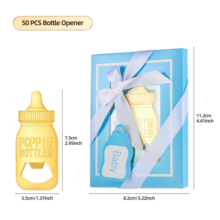 50 Pieces Baby Shower Bottle Openers with 50 Packs Baby Shower Party Box to Guests for Baby Boy Shower Favors，Cute Poppin Bottle