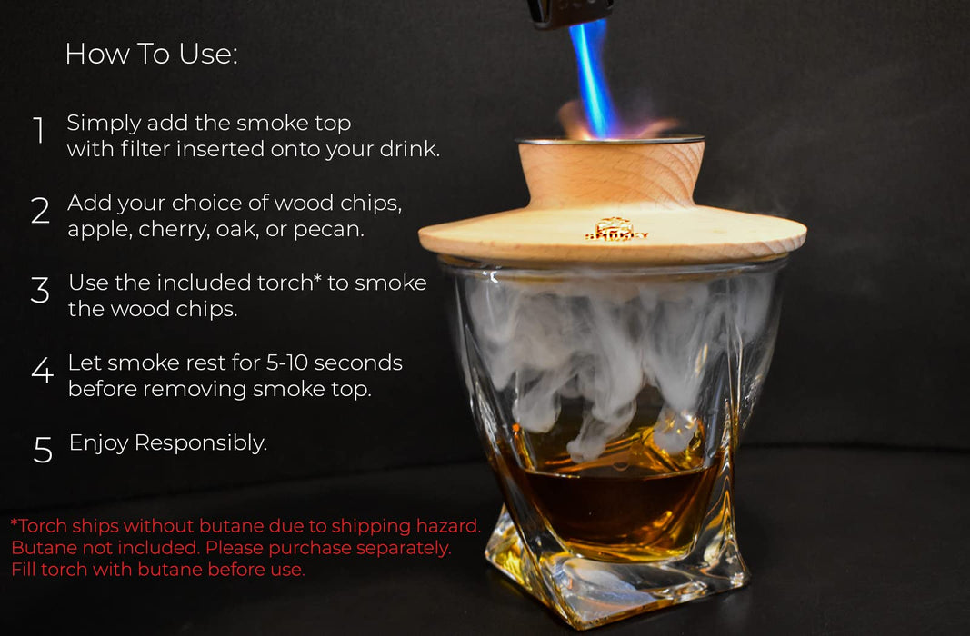 Cocktail Smoker Kit with Butane Torch, 4 Types of Wood Chips, Whiskey and Old Fashioned Smoker Kit by Smokey Crew Comes With Box