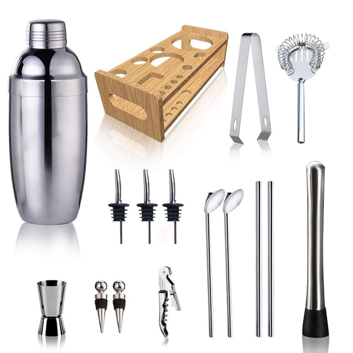 Bar Tools Bartenders Kit Cocktail Shaker Set - 750ml Double Base Stainless Steel Shaker with Wooden Stand Designed Package Perfect