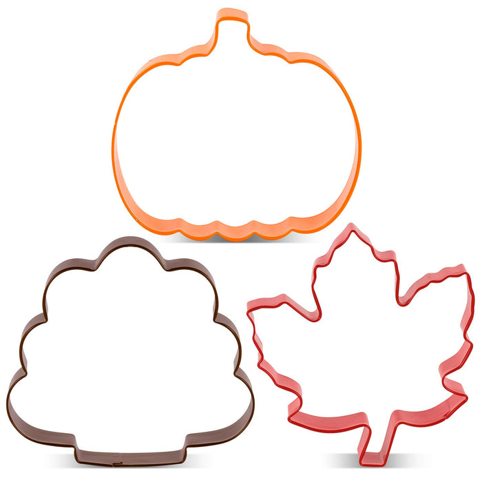 LILIAO Fall Thanksgiving Cookie Cutter Set - 3 Pcs - Pumpkin, Maple Leaf and Front Facing Turkey Biscuit Fondant Cutters - Color