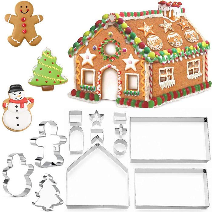 KAISHANE Christmas Gingerbread House Cookie Cutters 3D Stainless Steel Biscuit Cake Fondant Pastry Cutter Bakeware Set 13 Pieces